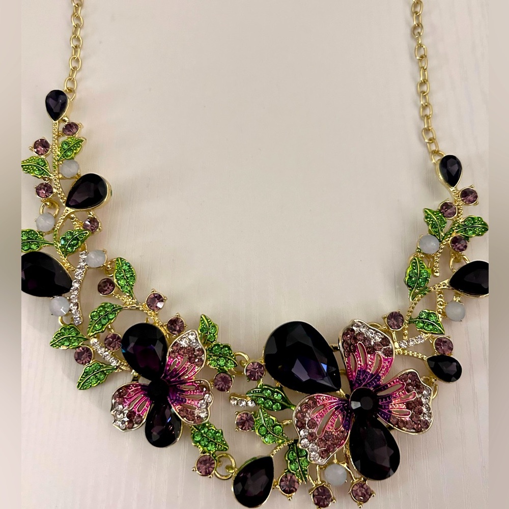 Eye Candy Floral Crystal & Rhinestone Statement Necklace - Purple, Green, Pink